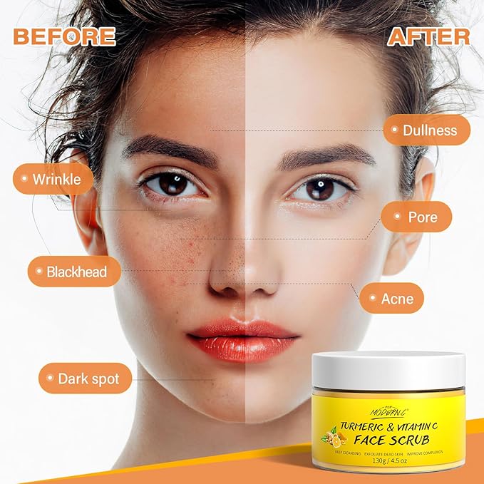 Vitamin C and Turmeric Face Scrub Cream Organics Microdermabrasion Facial Scrub Exfoliating Clears Blackheads Improve Dark Spot Acne with Strawberry Extract Exfoliator 130g/4.5oz
