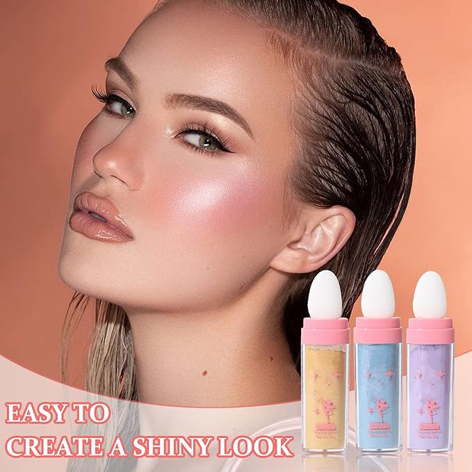 3PCS Polvo De Hadas Highlighter Glitter Stick Body Glitter Shimmer Face Brightening Highlighter Contour Powder Makeup Stick Face Blusher Fairy Glitter Highlighter Makeup - Blue,Yellow,Purple
