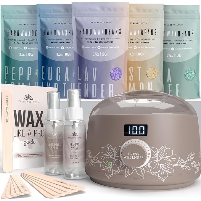Tress Wellness Waxing Kit for Sensitive Skin – Safe for Face & Skin, Prep & Aftercare Spray, Easy to Use – At-Home Kit for Face, Bikini, Brazilian & Full Body - Digital Display, Dusty Chocolate