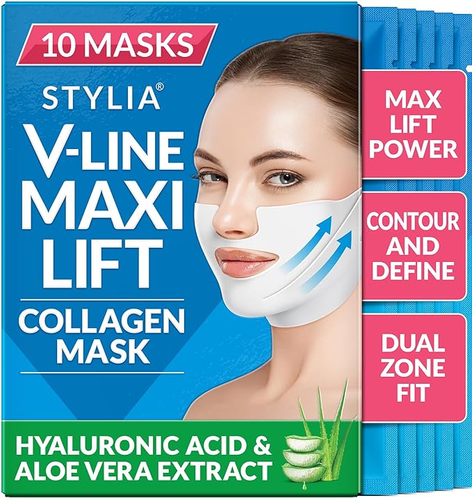 Stylia MaxiLift V-Line Lifting Collagen Face Mask – Enhanced Double Chin Reducer – Jawline Shaper Face Lifting Masks – Firming Neck Lift Collagen Mask – Chin Strap for Sleeping – Hyaluronic, Aloe 10PC
