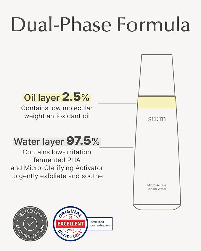 SU:M Micro-Active Toning Water (5.07 fl oz) - Dual-Phase Gentle Exfoliating Toner with Low-Irritation, Improved Skin Texture & Boost Vitality, Korean Skin Care. PHA, Biopeptide.