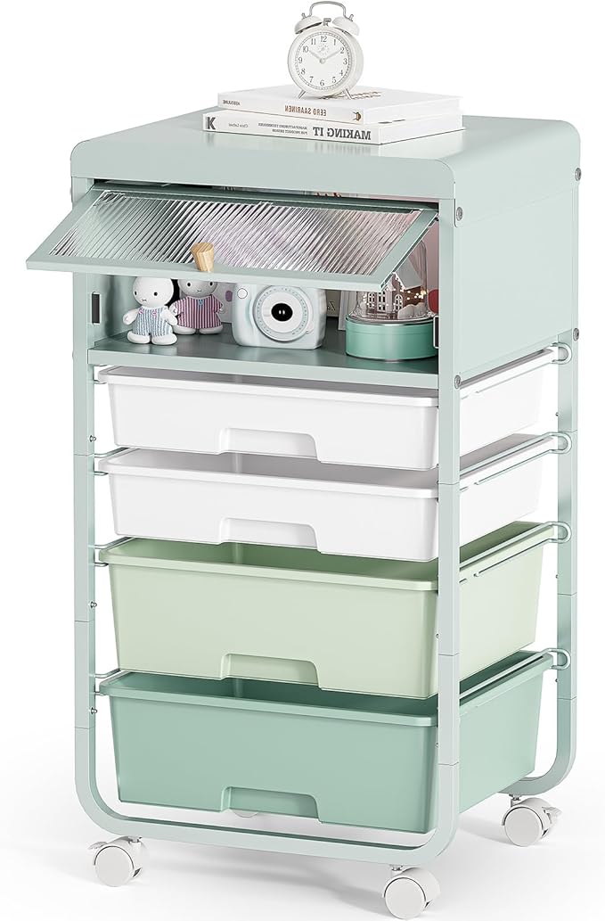Utility-Rolling-Storage-Drawer-Craft-Cart-Organizers with 4 Drawers & Dust-proof Door for Kid Craft Art Room,Bedroom,Home Office, 4 Tiers Drawer cart, Green