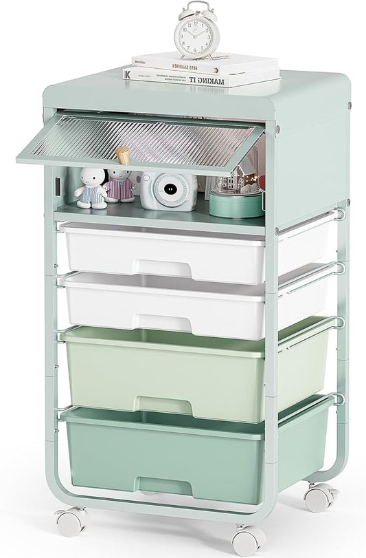 Utility-Rolling-Storage-Drawer-Craft-Cart-Organizers with 4 Drawers & Dust-proof Door for Kid Craft Art Room,Bedroom,Home Office, 4 Tiers Drawer cart, Green