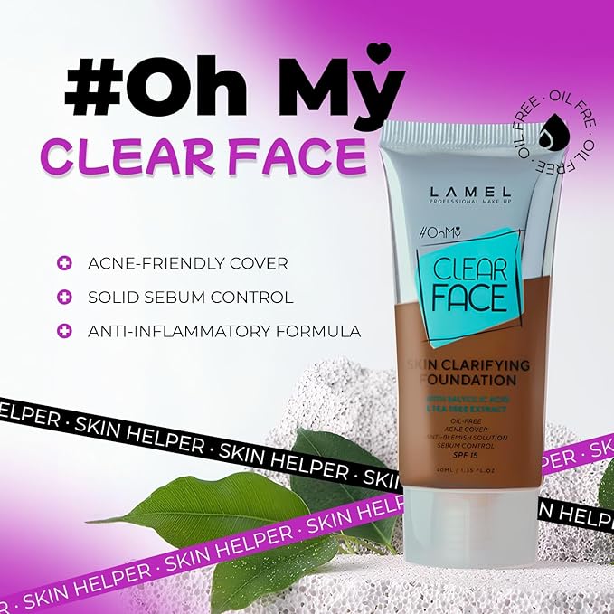LAMEL OhMy Clear Face Full Coverage Foundation - Acne Coverage - Salicylic Acid & Tea Tree Extract - Dewy & Flawless Finish - Sensitive Skin Care - Organic & Oil-Free - 412, 1.35 fl.oz