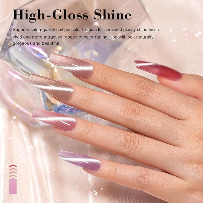 RARJSM Cat Eye Gel Nail Polish Set 6 Pcs Magnetic Sparkle Diamond Glitter Nude Pink Light Purple Red Silver Sheer Pink Velvet Ice Jelly Gel Polish with Magnet Stick UV LED Curing Requires Soak Off