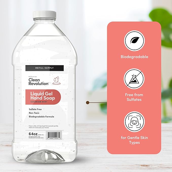Clean Revolution Liquid Gel Hand Soap, Silky Rich Liquid, Quick Lather, Fast Rinsing, Contains Real Essential Oils (Geranium Mint) 64 Fl Oz