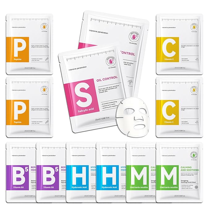 12 Pack Variety Facial Sheet Masks Skin Care Set, Hydrating Bulk Sheet Face Masks Skincare Gifts Set for Women Men, Long Lasting Moisturizing Face Mask Skincare for All Skin Type（07)