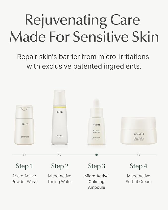 SU:M Micro-Active Calming Ampoule (0.5 fl oz) - Soothing Serum for Redness & Uneven Skin Texture, Provides Quick Relief for Sensitive Skin, Herbal Scent, Korean Skin Care