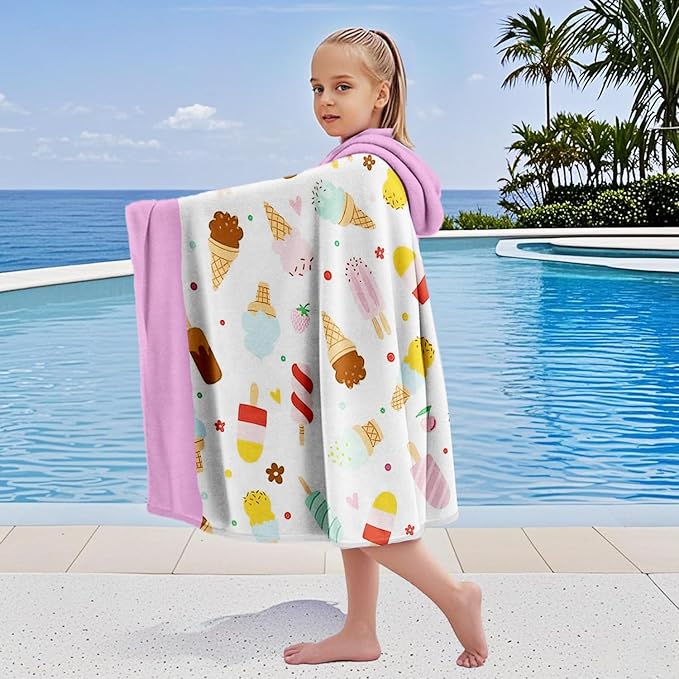 Ice Cream Hooded Beach Towel for Girls, 35" x 60" Kids Poncho Bath Towel for Toddler, Pink &White Soft Absorbent with Hood for 3-10 Years Bathrobe for Swimming Pool Bath