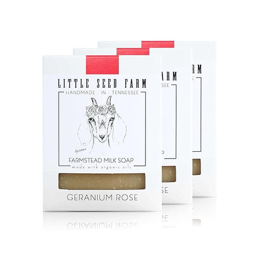Little Seed Farm Organic Goat’s Milk Soap – 3 Pack of Geranium Rose Facial and Body Bars – Natural, Handmade, Cruelty Free – Uplifting and Balancing for Oily, Dry and Combination Skin, Net Wt. 4.75oz