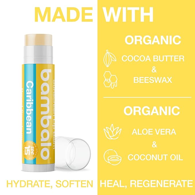 4-Pack Caribbean SPF 15 Lip Balm - Organic Ingredients, Broad Spectrum UVA/UVB Protection - Hydrating & Moisturizing, USA Made