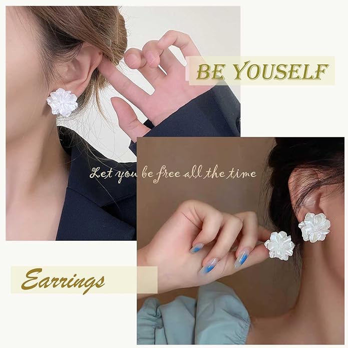 Unique Large White Flower Earrings Studs Vintage Acrylic Floral Petal Earrings Statement French Camellia Flower Earrings Studs Bridal Wedding Prom Earrings Jewelry for Women