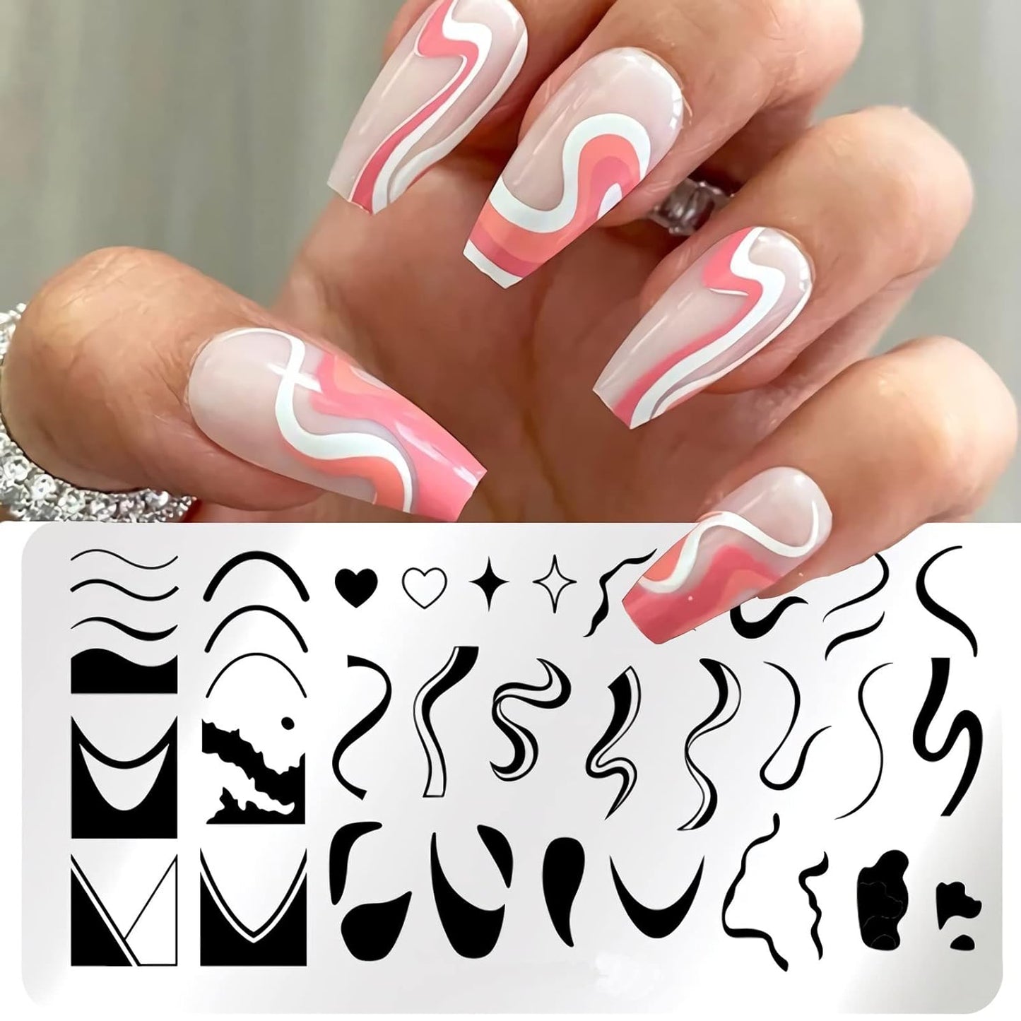 1 Pcs French Nail Stamping Plates Wavy Striped Tip Nail Stamp Template Heart Nail Design Stencil