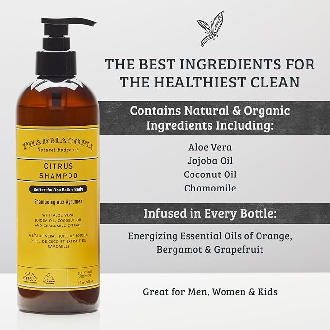 Pharmacopia Citrus Shampoo - Natural Hair Care with Plant Based & Organic Ingredients Aloe Vera, Jojoba Oil, Coconut Oil, and Chamomile Extract - Vegan, Cruelty Free, No Parabens or Sulfates, 16 oz