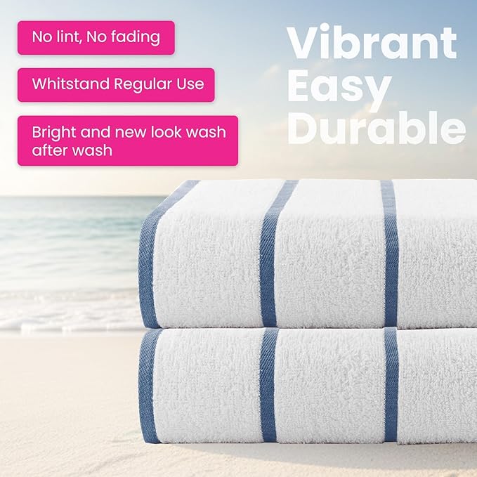 CASA COPENHAGEN Cabana Pool Bath Sheet, 70" x 35", Designed in Denmark Rough and Tough, Quick Dry, for Pool, Bath, Beach & Shower 2 Piece Cotton Pool Towels Set - White Navy Stripe