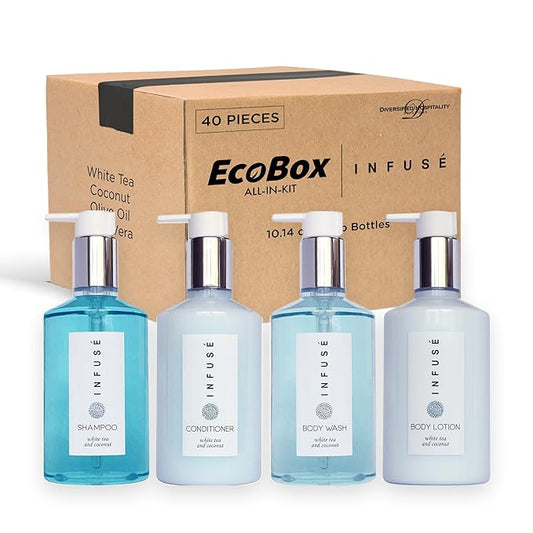 1-Shoppe Infuse 40 Piece Ecobox All-In-Kit | White Tea and Coconut Soap | 12 Shampoo, 8 Conditioner, 12 Body Wash & 8 Lotion | 10oz Hotel Soaps and Toiletries Bulk | Personal Care Products