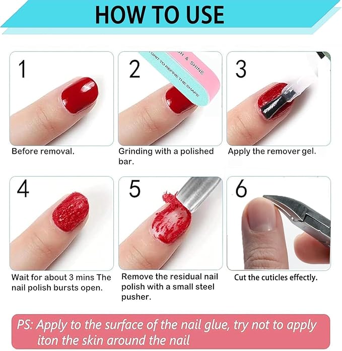 Gel Nail Polish Remover with Cuticle Pusher and Cuticle Nippers & Nail Buffer, Professional Remove Acrylic Gel Powder in 3-5 Minutes,Home DIY and Salon, No Soaking or Wrapping (1 Pcs Set)