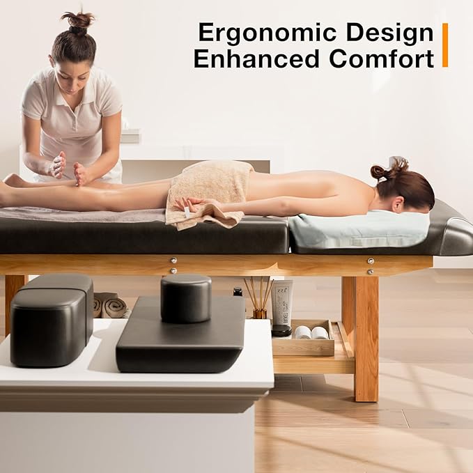 SyyBhb Professional Stationary Wooden Massage Table with Storage, Heavy Duty Spa Bed for Treatment Exam Physical Therapy Tattoo Facial Wax, Weight up to 1000lbs