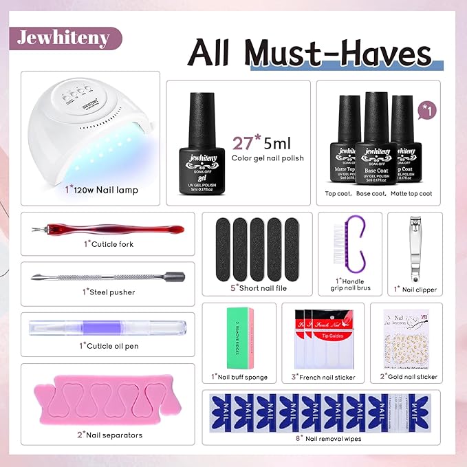 JEWHITENY 27 Colors Nail Polish Kit with U V Light, U V LED Nail Dryer Lamp Curing Gel Nail Polish Set Popular Gel Polish Set DIY at Home, Nail Manicure Tools