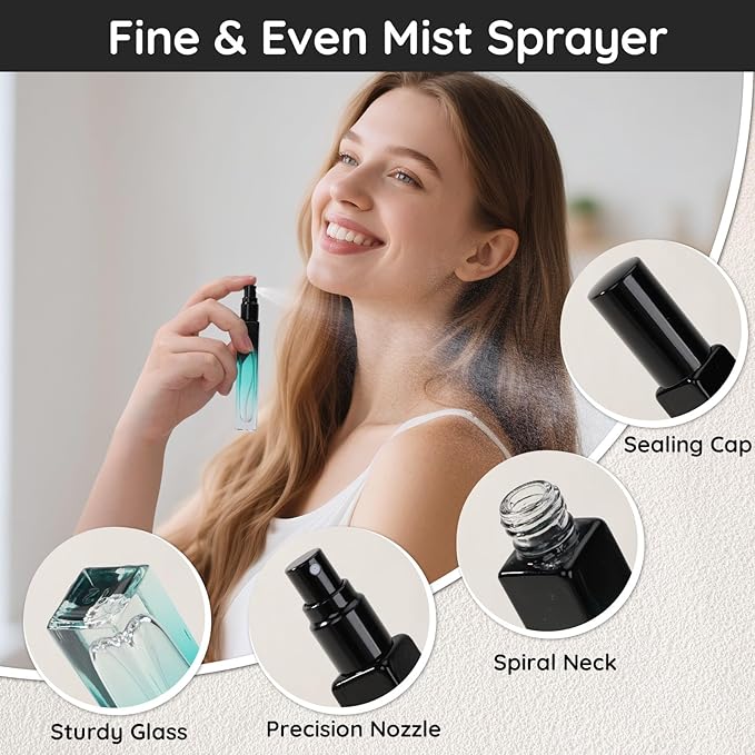 Segbeauty 0.34oz Refillable Perfume Bottle Travel, 5 Pack Glass Spray Bottles for Perfume, 10ml Empty Mini Fine Mist Cologne Travel Bottle, Portable Cologne Sprayer Atomizer with Refill Tool Kit