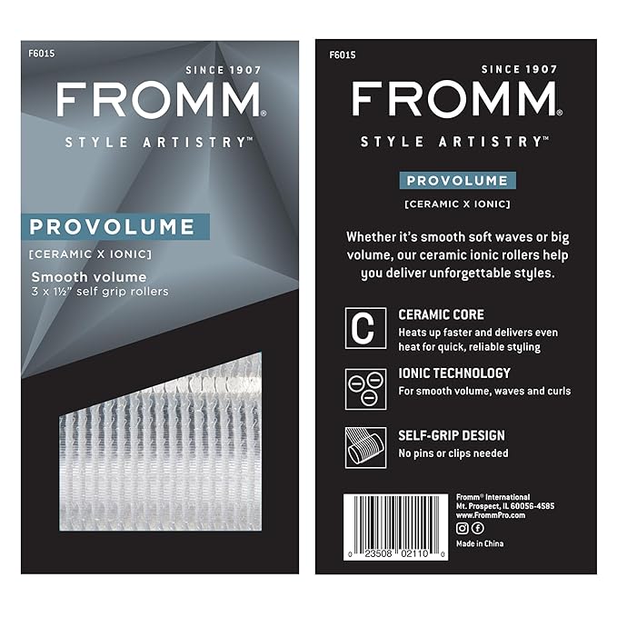 Fromm ProVolume 1.5" Self-Grip Ceramic Ionic Thermal Hair Rollers, 3 Count Salon Quality Hair Curlers for Short, Medium and Long Hair