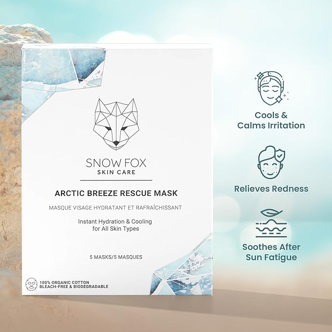 Snow Fox Arctic Breeze Rescue Sheet Mask with Peppermint & Aloe Vera – Cooling Face Mask to Calm & Revitalize Skin and Refresh after Travel – Hydrating Facial Skin Care for all Types – 1 Pack