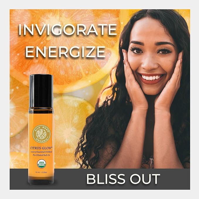 Silk Road Organic Citrus Glow Essential Oil Revive Blend Roll On, 100% Pure USDA Certified Citrus & Vanilla - Uplifting, & Energizing - 10 ml Roller - Always Pure, Always Organic