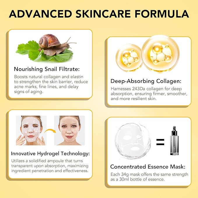 Snail Mucin Face Mask, Glass Skin Collagen Face Mask, Snail Mucin Serum Face Masks Korean Skincare, Collagen Night Wrapping Masks, Overnight Collagen Mask for Deep Hydrating Skin, 6Pack