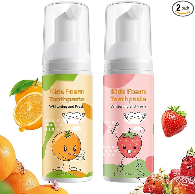 Foam Toothpaste Kids 2PCS, Toddler Toothpaste Cavity Protection with Gentle Formula 360º Care Natural, Teeth Whitening Toothpaste Fluoride Free for Electric & U-Shape Toothbrushes(Strawberry &Orange)