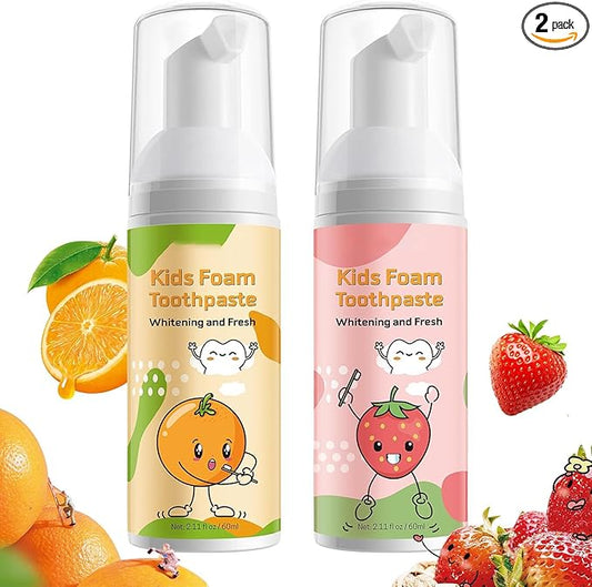 Foam Toothpaste Kids 2PCS, Toddler Toothpaste Cavity Protection with Gentle Formula 360º Care Natural, Teeth Whitening Toothpaste Fluoride Free for Electric & U-Shape Toothbrushes(Strawberry &Orange)