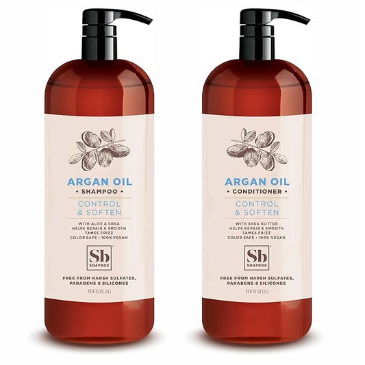 Soapbox Argan Shampoo & Conditioner Set, Volumizing, Vegan, Color Safe, Harsh Sulfate & Silicone Free, 1 Liter Each (Pack of 2)