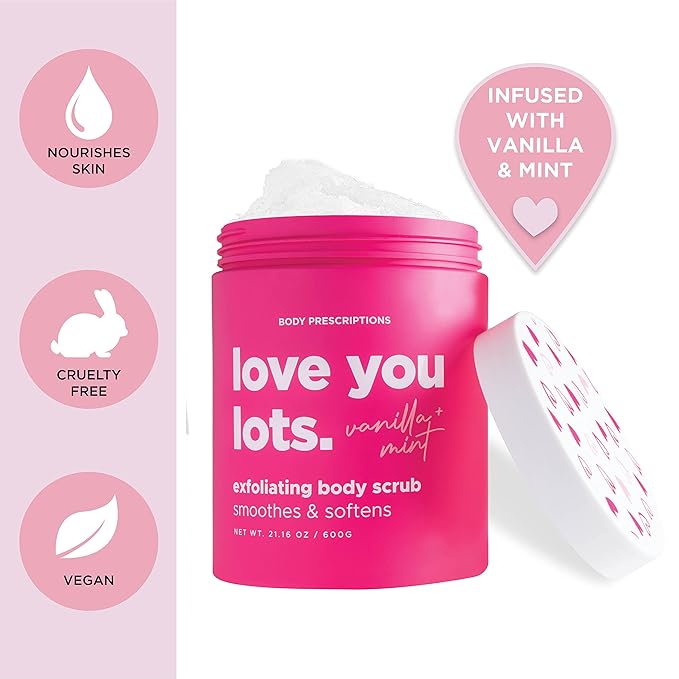Body Prescriptions Exfoliating Body Scrub – Body Cleanser for Nourished, Ultra-Smooth Skin, Vanilla and Mint (Love You Lots)