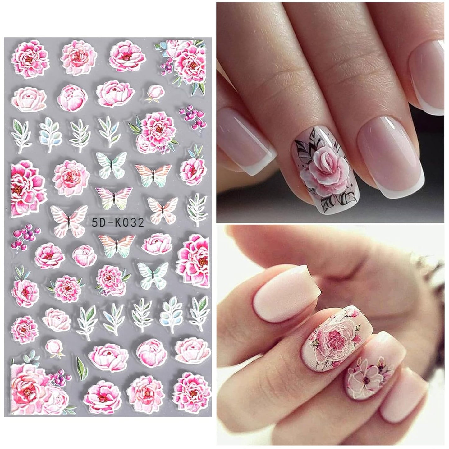 Pink Flower Nail Art Stickers Decals 5D Embossed Nail Decals Spring Summer Nails Art Design Self-Adhesive Supplies Accessories 3D Flower Stickers for Women Nails DIY Decoration