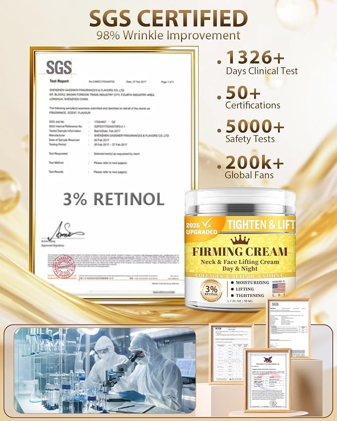 3% Retinol Cream Face Moisturizer, Anti Aging Neck Firming Cream with Collagen, Day & Night Face Cream with Hyaluronic Acid, Lifting & Tightening Wrinkle for Women & Men (1.51 Fl Oz (Pack of 1))