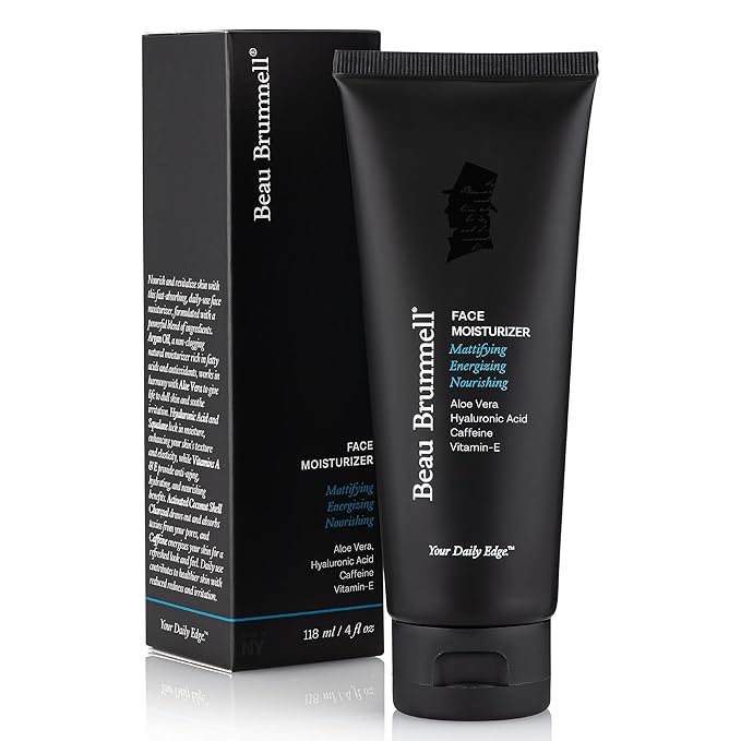 Beau Brummell for Men Matte Finish Face Moisturizer | Fast Absorbing, Lightweight Face Lotion with Vitamins A+E, Aloe Vera & Caffeine | Anti-aging, For Dry or Oily Skin | 4 OZ Tube | Made In America