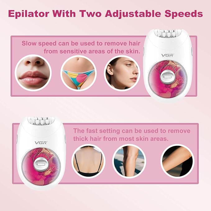 VGR 706 Professional Epilator for Women,Portable Cordless Smooth Glide Hair Removal Device for Legs, Underarm, Back,Full-Body Epilator with 18 Tweezers System, 2 Speeds Hair Removal with Silent Design