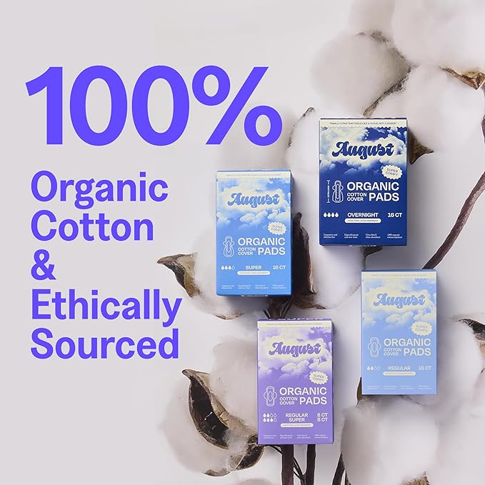August Regular Cotton Menstrual Pads, 36-Pack Ultra Thin Pads with Wings, Hypoallergenic Sanitary Napkins with Organic Cotton Topsheet, Compostable Wrappers, Toxin Free, Fragrance Free