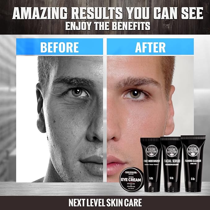 Viking Revolution Men's Facial Skin Care Kit - Includes Rejuvenating Face Moisturizer, Microdermabrasion Facial Scrub, Foaming Cleanser (5oz Each) and Eye Cream (1oz)