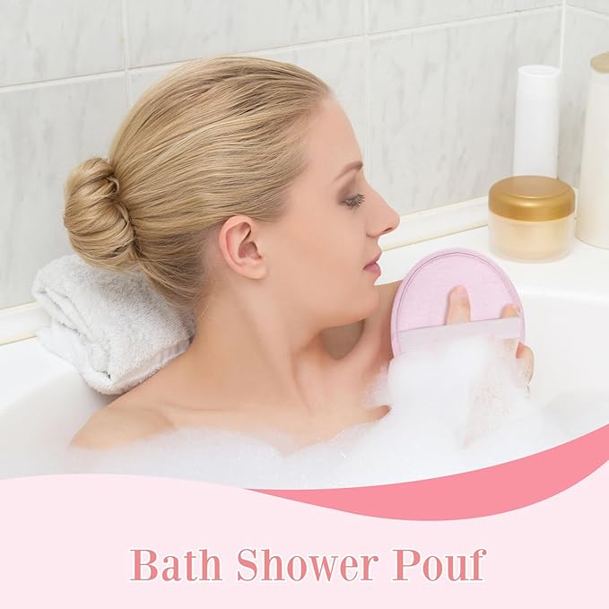Boao Bath Shower Pouf Sponge Mesh Pouf Shower Ball Exfoliating Body Sponge Pad Scrubber Glove with Flower Bath Ball (3 Pcs,Pink)
