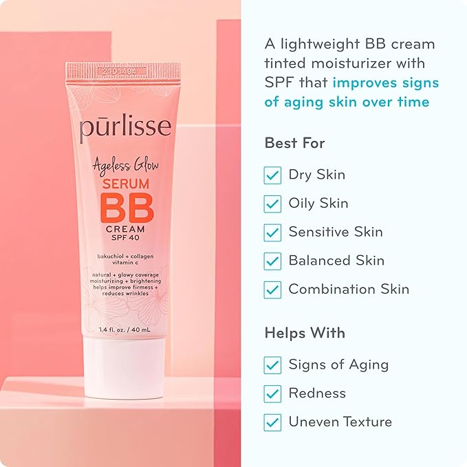 pūrlisse Ageless Glow Serum BB Cream SPF 40 - Glow BB Cream with SPF Enriched with Bakuchiol & Vitamin C to Help Improve Firmness & Reduce Wrinkles for Dewy Skin - Light (1.4 oz)