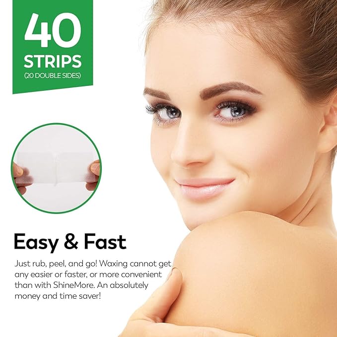 ShineMore Facial Wax Strips for hair removal - Hypoallergenic for All Skin Types - - Gentle and Fast-Working for Face, Eyebrow, Upper Lip, and Chin (40 Women Wax Strips + 4 Calming Oil Wipes NATURE NATION Ingredients )