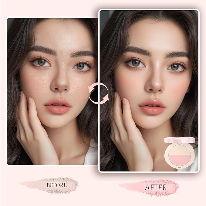 Pink Setting Powder, 3 in 1 Blush Palette with Puff, Highlighter Palette, Fine Texture Blush Pressed Powder, Setting Powder Makeup, Korea Makeup - Purple