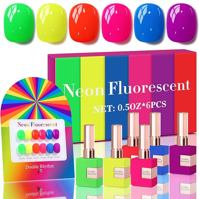 Double Rhythm 6 Pcs 15 ML Gel Polish Set Same Color Same Bottle Soak Off Gel Polish Kit Nail Art Manicure Salon DIY at Home for Women (Neon Green Red Pink Blue Purple-T6-12)