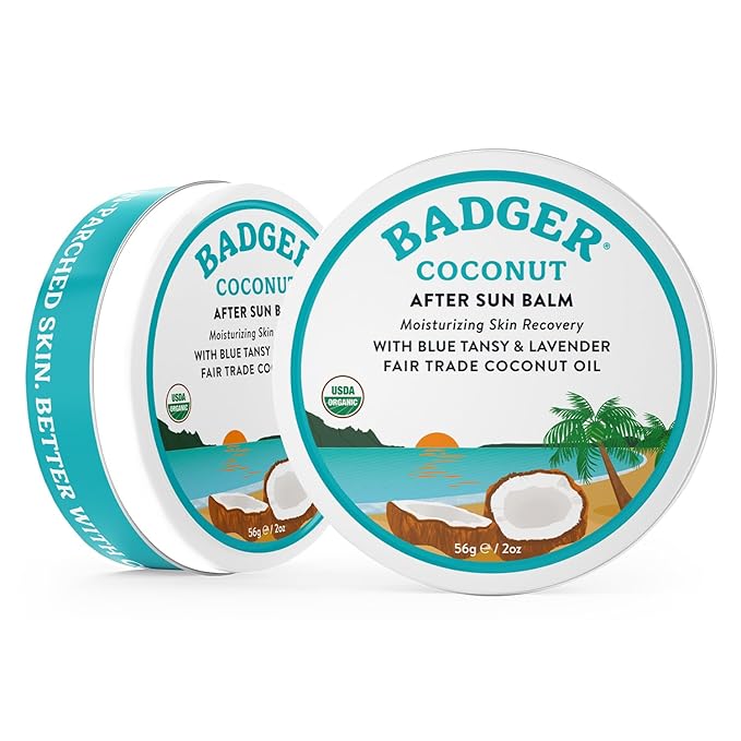 Badger Coconut AfterSun Balm, 100% Organic Soothing Sunburn Relief, Great Smelling, Moisturizing & Hydrating After Sun Skin Care, 2 oz Tin, 2-Pack