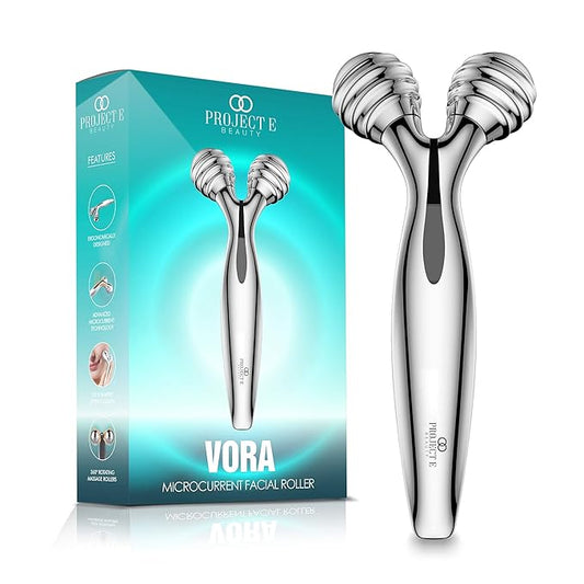 VORA Microcurrent Facial Roller by Project E Beauty | 3D Face & Body Massager | Instant Face Lift & V-Shape | Collagen Boost | Tightens Skin | Anti-Aging | Roller Tightens Skin | Solar Powered