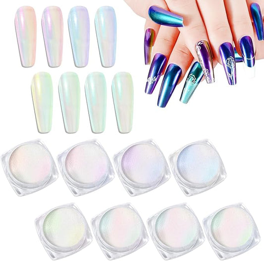 Laza Chameleon Chrome Nail Powder, 8 Colors Glazed Donut Nails Metallic Mirror Effect Pigment, Iridescent Aurora Nail Glitter Holographic Dust Kit for Gel Nail Art Decoration, Gifts - Colorful Peacock