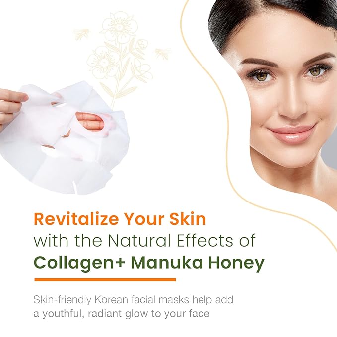 Collagen & Manuka Honey Sheet Face Mask - Anti-Aging, Hydrating, Skin Firming, Reduces Fine Lines, Dermatologist Tested, Cruelty Free Korean Skin Care For All Skin Types - 5 Masks