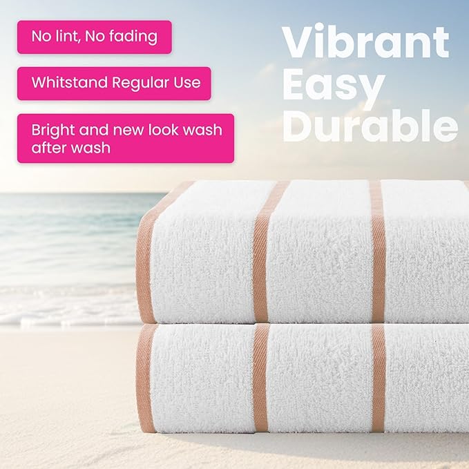 CASA COPENHAGEN Cabana Pool Bath Sheet, 70" x 35", Designed in Denmark Rough and Tough, Quick Dry, for Pool, Bath, Beach & Shower 2 Piece Cotton Pool Towels Set - White Beige Stripe
