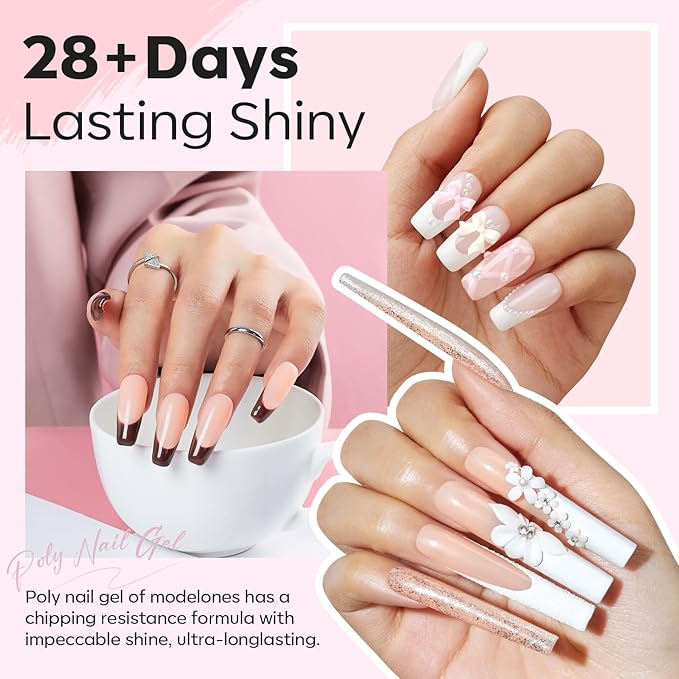 Modelones Poly Nail Gel Kit, 6 Colors Poly Extension Gel Clear Pink White with 48W U V/LED Lamp 3D Nail Charms Builder Slip Solution Complete Toe Manicure Supplies Tools for Starter