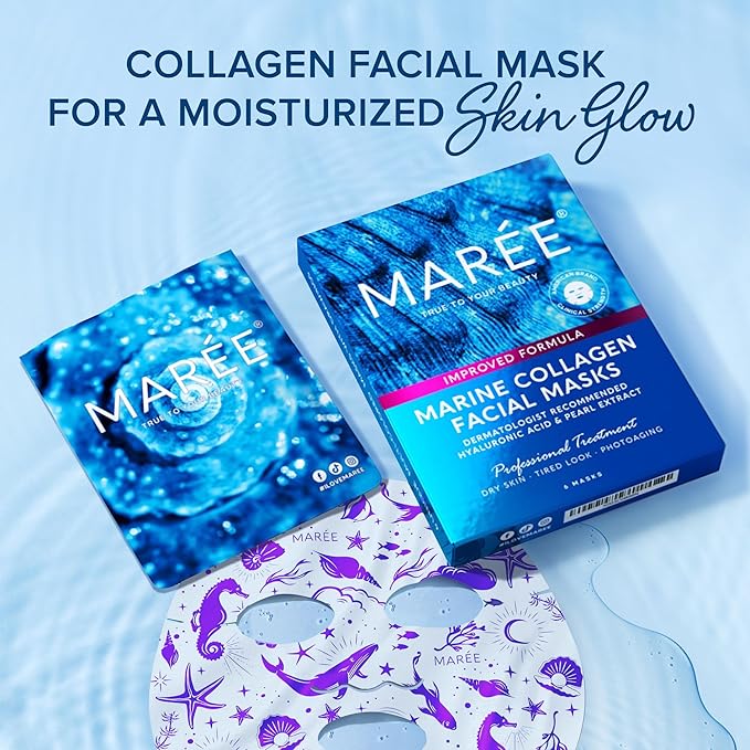 MAREE Collagen Facial Mask with Hyaluronic Acid — Sheet Face Mask Skincare — Centella Asiatica, Green & Red Algae Extract — Hydrating Facemask For Women Skin Care — Mascarillas Para La Cara — 12 Count